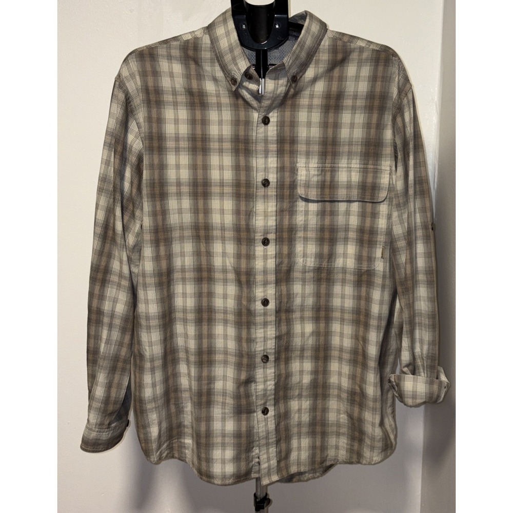 Ruff Hewn Shirt Mens Large Beige Plaid Roll Tab Long Sleeve Button Up Pocket